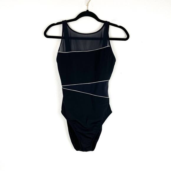 Cole of California Black One-Piece Swimsuit Asymmetrical Mesh Design White Trim - Picture 1 of 6
